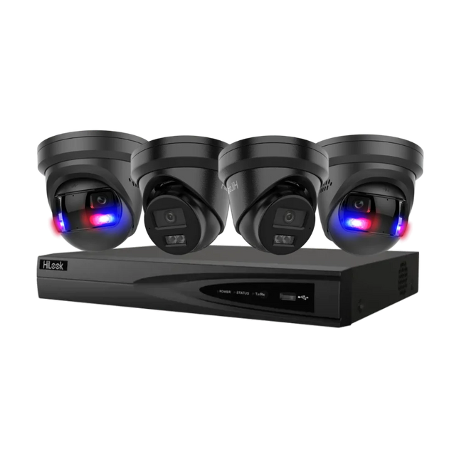 HiLook 8MP 4K Smart Hybrid Light CCTV kit in black — two 180° panoramic turrets and two AcuSense turret cameras with 8-channel PoE AI NVR
