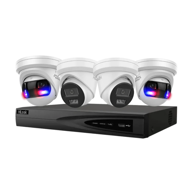 HiLook 8MP 4K Smart Hybrid Light CCTV kit in white — two 180° panoramic turrets and two AcuSense turret cameras with 8-channel PoE AI NVR