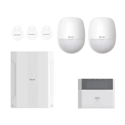 HiLook HA-ALARM-KIT1 8-zone alarm kit showing the control panel, LCD keypad, two PIR sensors, and three proximity tags.