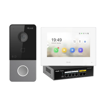 HiLook HA-KIT-IP1 2MP video intercom bundle with 7-inch monitor, HA-DS-IP1 door station and Reyee RG-ES106F-P PoE switch