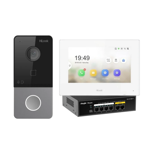 HiLook HA-KIT-IP1 2MP video intercom bundle with 7-inch monitor, HA-DS-IP1 door station and Reyee RG-ES106F-P PoE switch