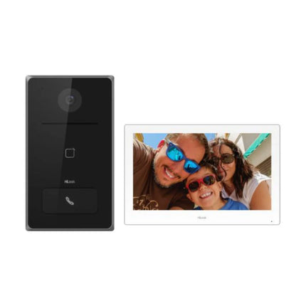 HiLook HA-KIT-IP2 IP video intercom kit including outdoor door station, indoor touch screen monitor, and power adapter.