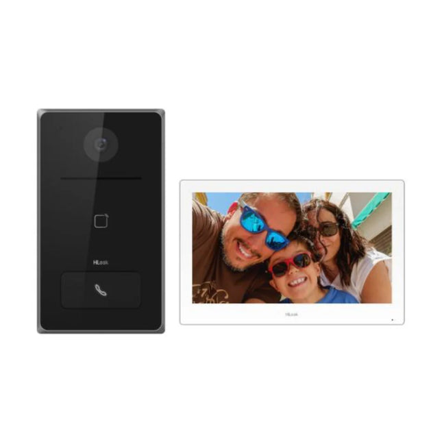 HiLook HA-KIT-IP2 IP video intercom kit including outdoor door station, indoor touch screen monitor, and power adapter.