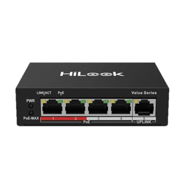 Front panel of the HiLook NS-0105P-35 unmanaged desktop switch showing four 100 Mbps PoE ports, one 100 Mbps RJ45 uplink port, and LED status indicators for network activity.