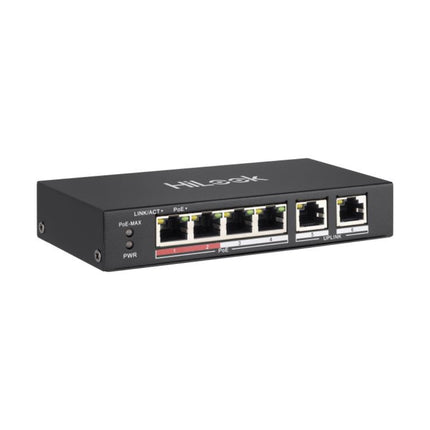 Front interface of the HiLook NS-0106P-35 unmanaged Fast Ethernet switch showing 4 RJ45 PoE ports, 2 dedicated 100 Mbps uplink ports, and LED system status indicators.