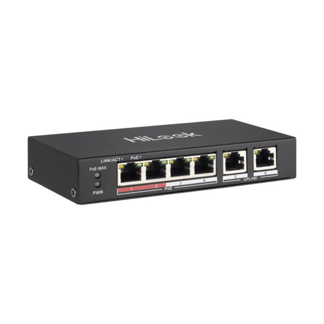 Front interface of the HiLook NS-0106P-35 unmanaged Fast Ethernet switch showing 4 RJ45 PoE ports, 2 dedicated 100 Mbps uplink ports, and LED system status indicators.