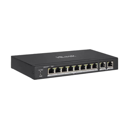 Front view of the HiLook NS-0310P-60 unmanaged switch showcasing 8 Fast Ethernet 10/100 Mbps PoE ports for IP security cameras alongside 2 dedicated Gigabit RJ45 uplink ports.