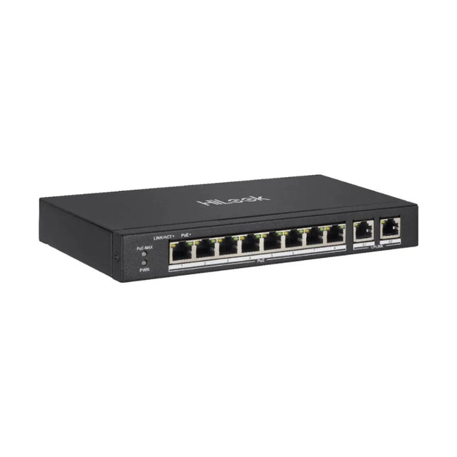 Front view of the HiLook NS-0310P-60 unmanaged switch showcasing 8 Fast Ethernet 10/100 Mbps PoE ports for IP security cameras alongside 2 dedicated Gigabit RJ45 uplink ports.