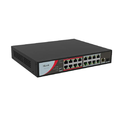 Angled view showcasing the 16 Fast Ethernet PoE ports, gigabit uplink, and SFP slot of the HiLook network switch.