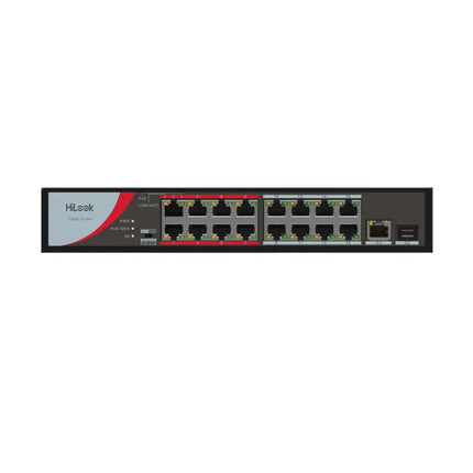 Front view of the HiLook NS-0318P-130 16-port PoE switch highlighting front panel port layout and indicators.