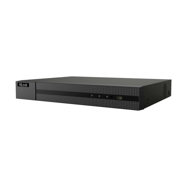 Front panel view of the HiLook NVR-108MH-C/8P 8-channel 4K Network Video Recorder chassis fitted with a 4TB surveillance hard drive.