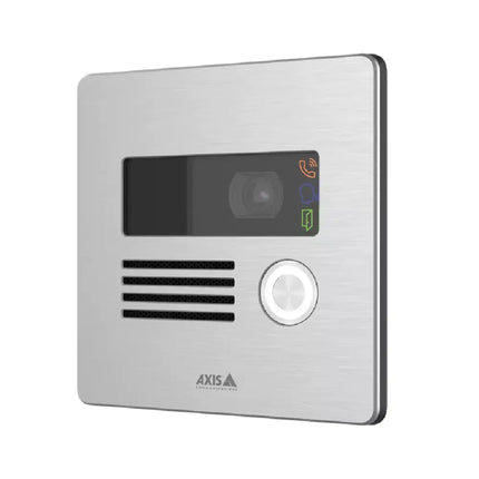Front view of the AXIS I8016-LVE network video intercom showing its compact, outdoor-ready housing, camera lens, and call button.