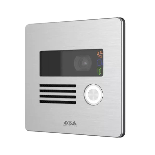 Front view of the AXIS I8016-LVE network video intercom showing its compact, outdoor-ready housing, camera lens, and call button.