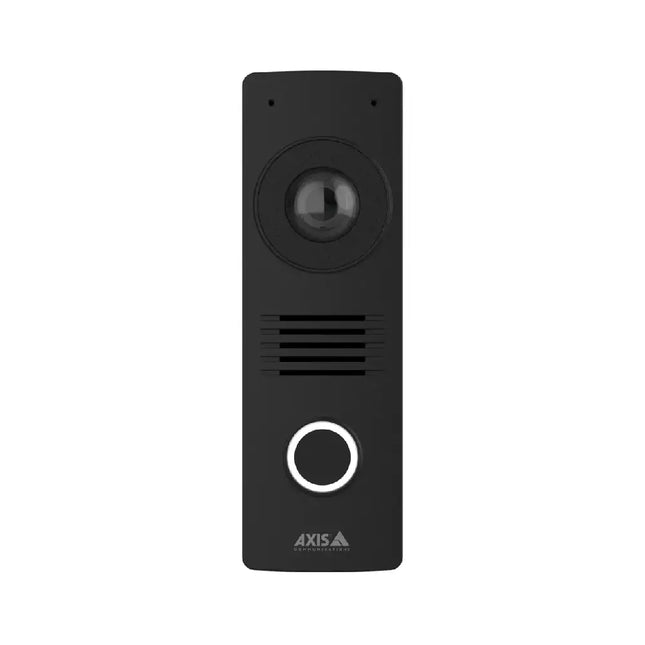 AXIS I8116-E Network Video Intercom showing the 5MP camera lens, call button, and speaker grille.