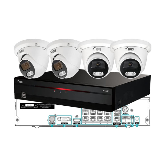 IDIS 4-camera 5MP CCTV kit bundle showing 4× DC-D2511WER-V2 IR turret cameras connected to 1× DR-2516P-A 16-channel 4K UHD DirectIP NVR via PoE, NDAA and TAA compliant complete surveillance system for Australian small business and home