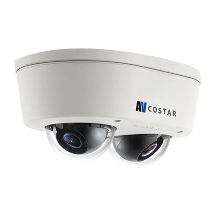 Front perspective of the IDIS AV16956DN-28 16MP MicroDome Duo security camera featuring its compact dual-sensor design and impact-resistant outer chassis.