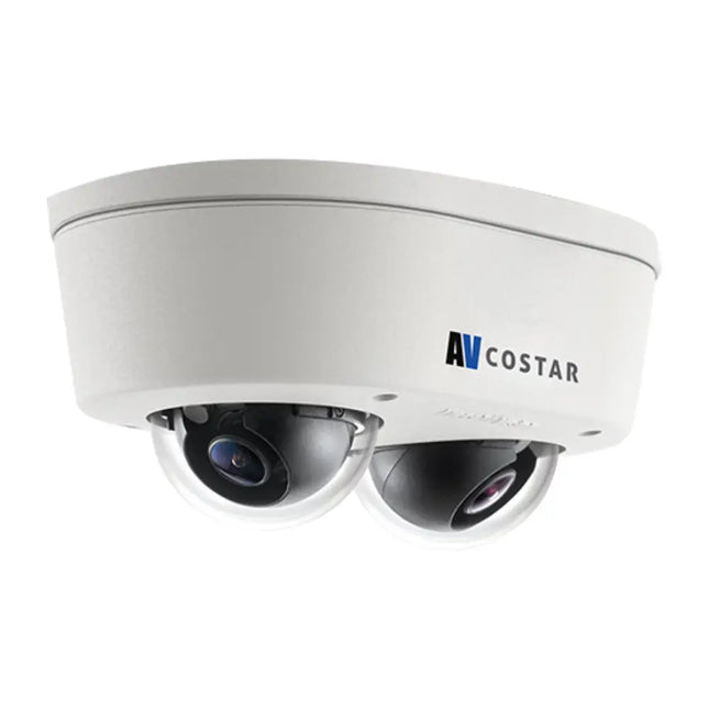 Front perspective of the IDIS AV16956DN-28 16MP MicroDome Duo security camera featuring its compact dual-sensor design and impact-resistant outer chassis.