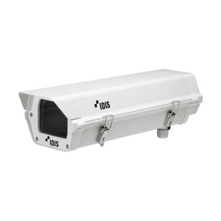 IDIS DA-BH1100 heavy-duty weatherproof outdoor box camera housing enclosure in professional matte white finish with integrated top sunshield.