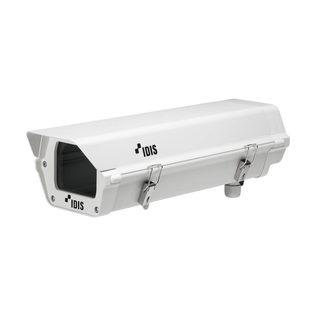 IDIS DA-BH1100 heavy-duty weatherproof outdoor box camera housing enclosure in professional matte white finish with integrated top sunshield.