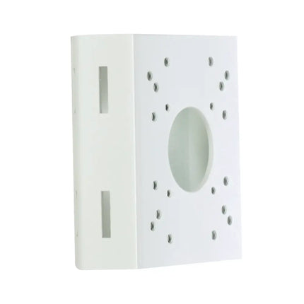 Front view of the white IDIS DA-LM2000 commercial-grade EGI steel pole mount adapter showcasing its universal mounting hole pattern.