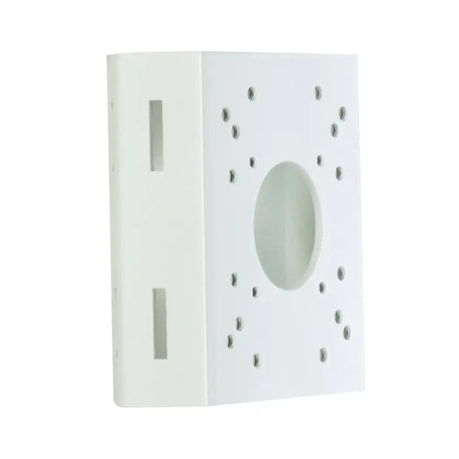 Front view of the white IDIS DA-LM2000 commercial-grade EGI steel pole mount adapter showcasing its universal mounting hole pattern.