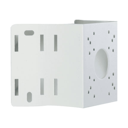 IDIS DA-RM2000 heavy-duty corner mount adapter bracket in outdoor-rated signal white finish featuring pre-drilled hardware positioning patterns.