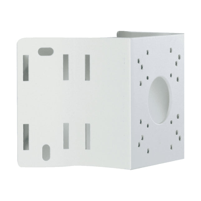 IDIS DA-RM2000 heavy-duty corner mount adapter bracket in outdoor-rated signal white finish featuring pre-drilled hardware positioning patterns.