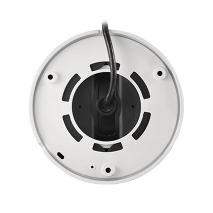 Rear mounting view of IDIS DC-D2531WR-V2 5MP IR vandal dome camera showing PoE cable entry, audio and alarm terminal block, screw mounting points and ventilation slots