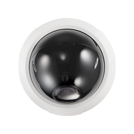 Close-up of IDIS DC-D2531WR-V2 5MP vandal dome camera showing smoked IR-pass black bubble that conceals lens orientation and 4 high-power IR LEDs