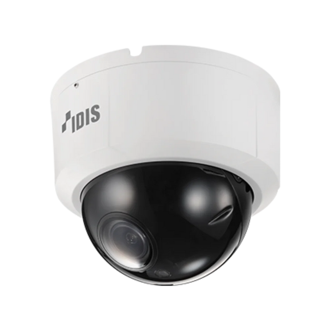 Side angled view of IDIS DC-D2531WR-V2 vandal-proof IP67 IK10 5MP dome camera with 2.7-13.5mm motorised lens, IR-pass black bubble and 25m smart IR