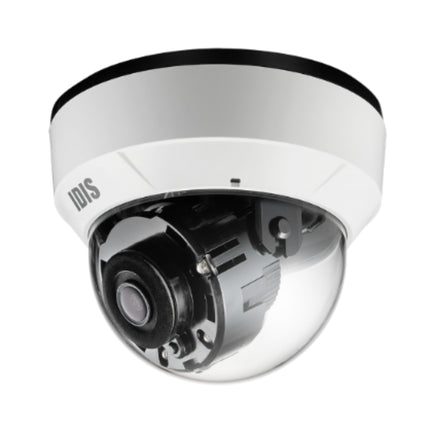 High-resolution commercial office interior setup showing the IDIS 2MP wide-angle dome security camera flush-mounted to a white drop-ceiling tile.