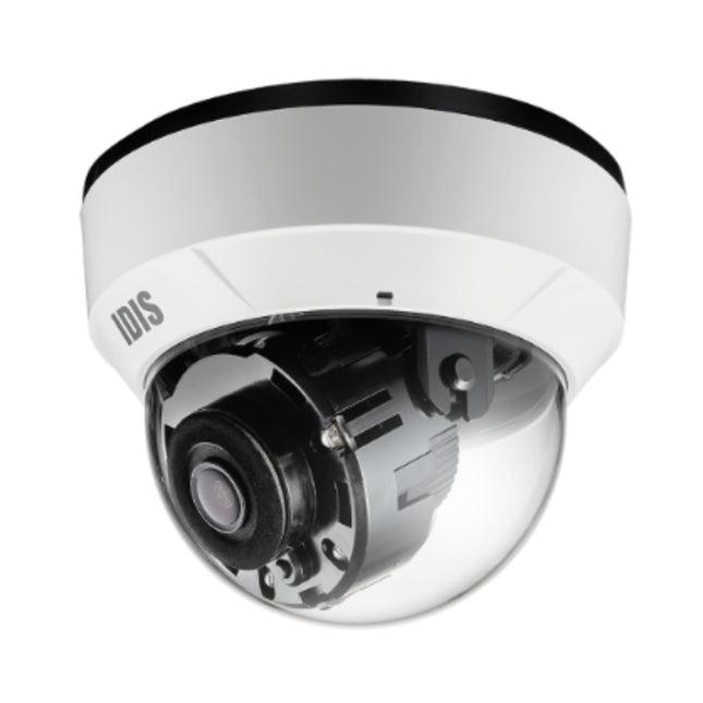 High-resolution commercial office interior setup showing the IDIS 2MP wide-angle dome security camera flush-mounted to a white drop-ceiling tile.