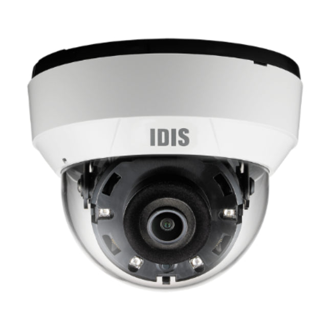 IDIS DC-D4216RX 2MP network IR dome camera front view featuring a compact low-profile design for enterprise indoor surveillance.