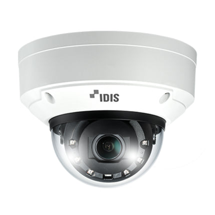 IDIS DC-D6631WRA 2MP AI edge vandal-resistant network dome camera showcasing its ruggedized enclosure and smart analytics optics core.