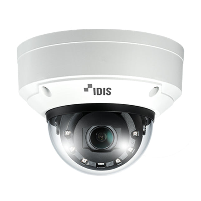 IDIS DC-D6631WRA 2MP AI edge vandal-resistant network dome camera showcasing its ruggedized enclosure and smart analytics optics core.