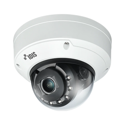 IDIS DC-D6831WRA 8MP NDAA and TAA compliant Edge AI Plus dome camera with IK10 vandal housing and 60m IR LEDs, angled view