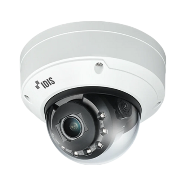 IDIS DC-D6831WRA 8MP NDAA and TAA compliant Edge AI Plus dome camera with IK10 vandal housing and 60m IR LEDs, angled view