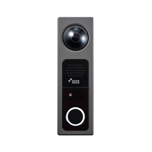 IDIS DC-I6212WRX-Titanium professional 2MP IP video intercom door station in premium metallic silver finish featuring its wide-angle fisheye lens.