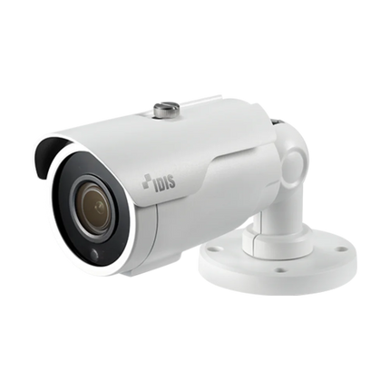 IDIS DC-T2531WR-V2 5MP IR motorised varifocal bullet camera front view with integrated sun shield