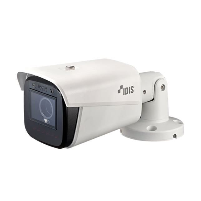 IDIS DC-T4538WRA 5MP AI network bullet camera highlighting its 2.7-13.5mm motorized lens assembly, LightMaster NIR low-light technology, and robust IK10/IP67 rated casing.