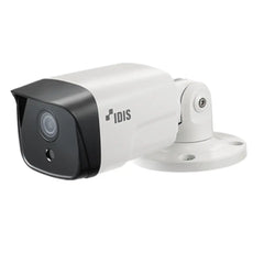 IDIS DC-T4811WRX 8MP 4K Ultra HD outdoor fixed bullet security camera front perspective view showcasing its rugged white IK10 housing and integrated IR LEDs.