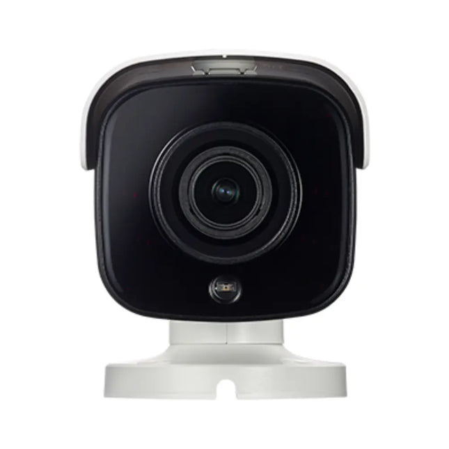 The IDIS DC-T4831HRX vandal-resistant security camera mounted on an outdoor building perimeter showing its structural 3-axis mechanical mounting arm.