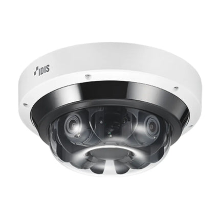 High-end outdoor ceiling corner deployment of an IDIS multi-directional security camera tracking complete 360-degree site visibility.