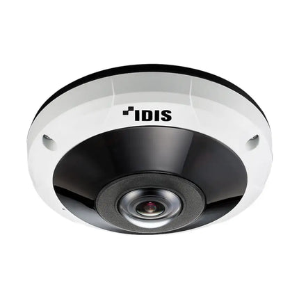 Front view of the IDIS DC-Y6516WRX 5MP Vandal-Resistant IR Fisheye Camera featuring its wide-angle panoramic 360-degree lens bubble housing.