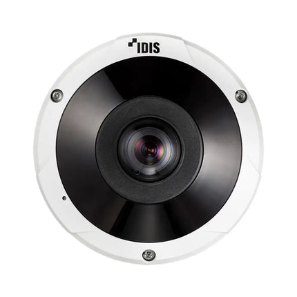 Application shot of the IDIS DC-Y6C16WRX 12MP fisheye network camera mounted cleanly on a commercial ceiling matrix.