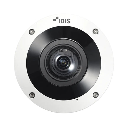 Wide-angle interior commercial deployment of IDIS 12.5MP AI fisheye camera installed on a ceiling for full-room retail monitoring.