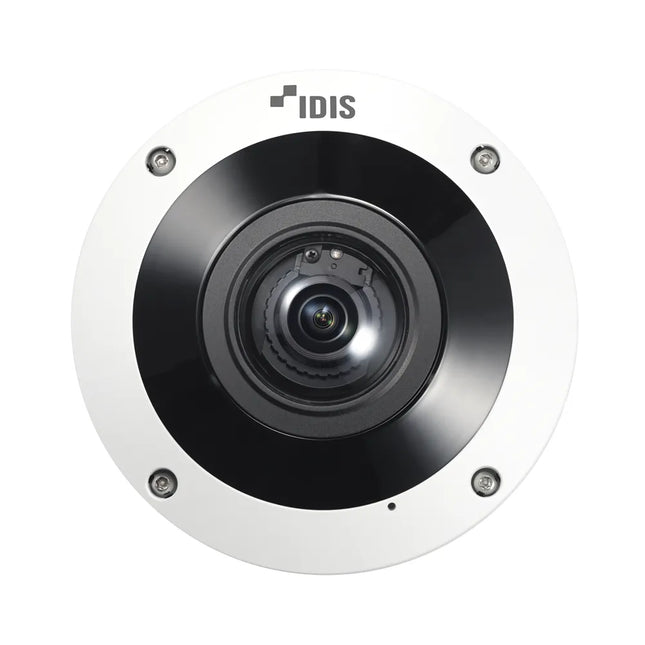 Wide-angle interior commercial deployment of IDIS 12.5MP AI fisheye camera installed on a ceiling for full-room retail monitoring.
