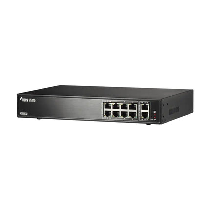 Front view of IDIS DH-2010P 10-port DirectIP PoE surveillance network switch showing RJ45 ports and LED activity indicators.