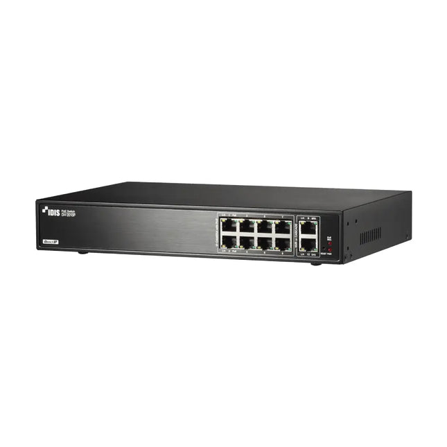 Front view of IDIS DH-2010P 10-port DirectIP PoE surveillance network switch showing RJ45 ports and LED activity indicators.
