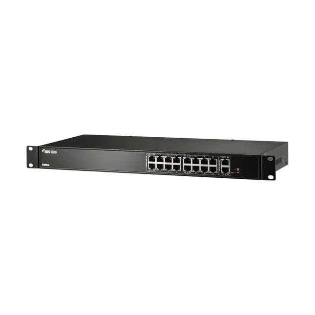 Front view of the NDAA-compliant IDIS DH-2018P 18-port Gigabit DirectIP surveillance PoE switch in its black rackmount steel housing.